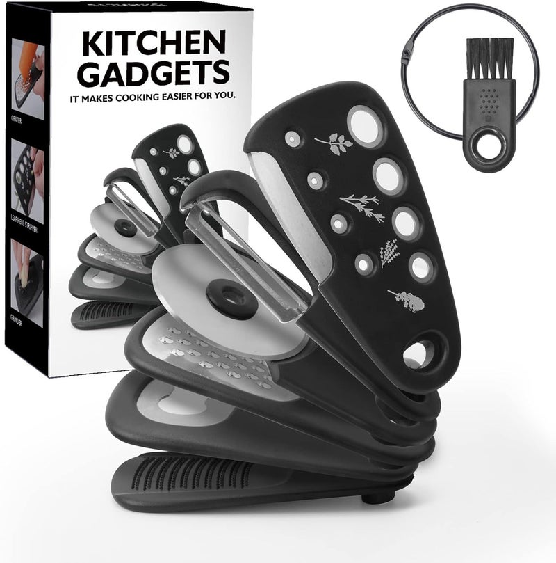W. MM Kitchen Gadgets Set 6 Pieces, Space Saving Cooking Tools Kitchen Accessories-Garlic/Ginger Grinder, Cheese Grater, Vegetable/Fruit Peeler, Pizza Cutter, Herb Stripper, Bottle Opener, Gadgets Gift Set - Image 1
